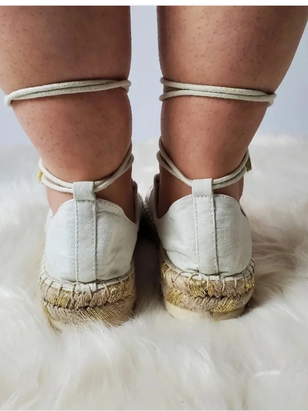 American Eagle White Lace-Up Espadrille Sandals with Gold Tassels - Women